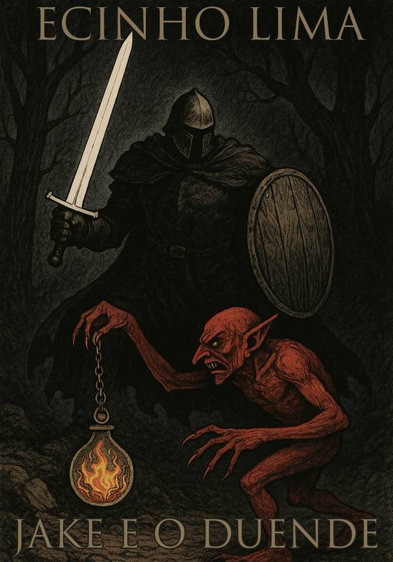 Capa do livro Jake e o Duende, de Ecinho Lima — um cavaleiro encapuzado segura uma tocha em corrente diante de um duende vermelho, numa floresta escura